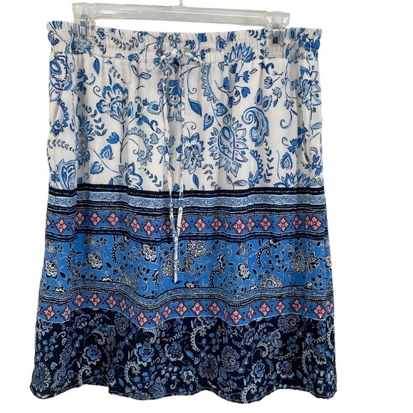 Loft Petites Blue White Border Floral & Paisley Drawstring Lined Skirt - Sz MP - Picture 1 of 13